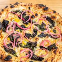 Veggie · swiss chard, roasted corn, long hot cream sauce, pickled red onions, and Locatelli.