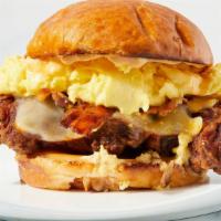 Red Eye · Fried Chicken Thigh, Benton's Bacon, Muenster, Soft Scrabled Eggs, Honey Sriracha Aioli, Bri...