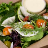 Fiona Apple Salad · Shaved apple, fennel, tomato, shallot, chives and mixed greens salad with lemon vinaigrette