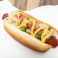 Philly Dog · Beef Hot Dog topped with onions, peppers and cheese sauce
