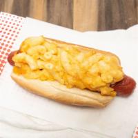 Mac Dog · Beef Hot Dog topped with baked Mac & Cheese
