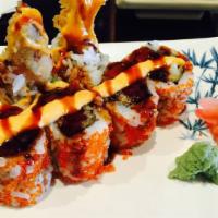 Crazy Maki · Hot and spicy. Shrimp tempura, avocado, tobiko & spicy mayonnaise.                          ...