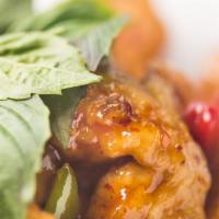 Crispy Sweet And Spicy Thai Basil Chicken · Hot and spicy.