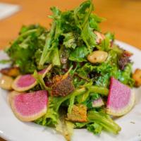 Green Salad · Vegan. Local Greens, Seasonal Vegetables, Pretzel Crouton, Herb Vinaigrette