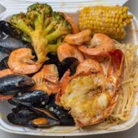 Lobster Tail, Mussels & Large Shrimp · Lobster tail, 1 lb. mussels and 10 pieces of large shrimp.