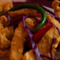 Chicken Pakora · Deep fried fritters made of boneless chicken dipped in chick peas and flours.