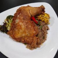 Fried Chicken Fried Rice · ¼ deep-fried chicken, pot fried rice, corn on the cob and charred broccoli.