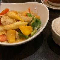 Brown Sugar Mango Curry · Ripe fresh diced of mango simmered with slices tender chicken in a yellow curry base brighte...