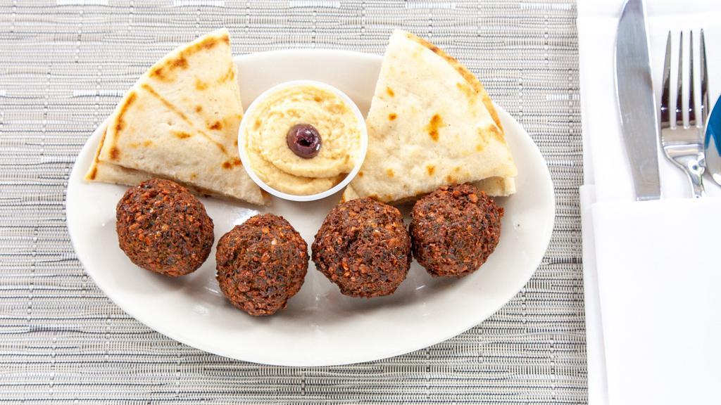 Side Of Falafel · Four falafel patties with hummus. Served with pita.