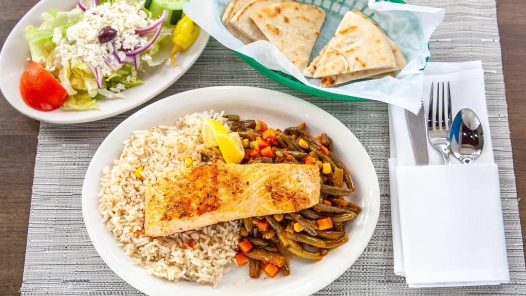 Grilled Salmon Platter · Fresh grilled salmon served with rice, vegetables & lemon.