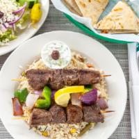 Beef Souvlaki Platter (Beef Kabob) · Perfectly marinated skewer of beef, char-grilled with onions & bell peppers served over rice.