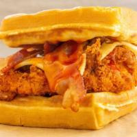 Hot Honey · Crispy Chik'n Sandwich w/ Bacon, Hot Honey Sauce served on a Waffle Bun