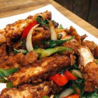 Spicy Crispy Chicken · Stir fried with bell peppers, onion, basil leaves, and spicy special sauce.
