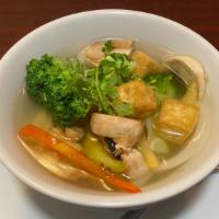 Veggie Tofu Soup · Mixed veggies and tofu in clear soup.