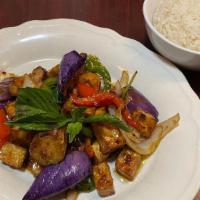 Eggplant Basil · Stir-fried eggplant, green & red pepper, onion, basil leaf with spicy soybean paste sauce.