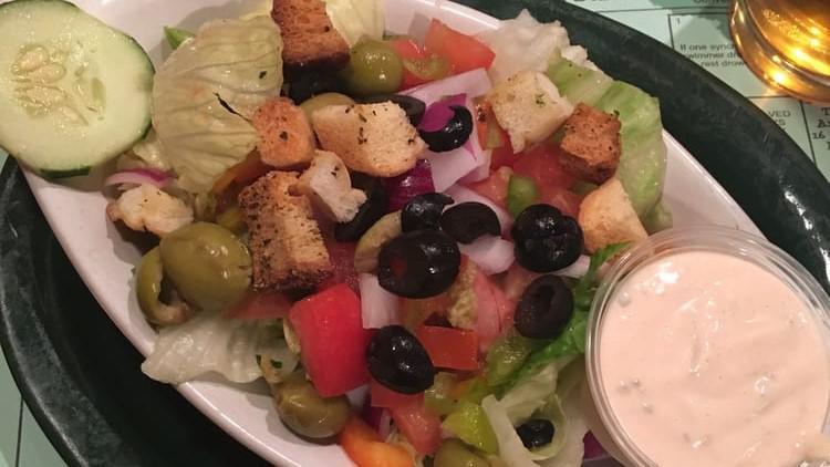 House Salad · Fresh lettuce mix with tomato, celery, cucumber, carrots, cheddar, olives, and croutons. Your choice of dressing.