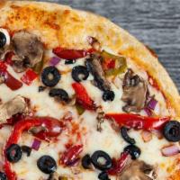 Vegetable Lover'S Pizza · Onions, green peppers, black olives, freshly sliced mushrooms, mozzarella and our sauce. No ...