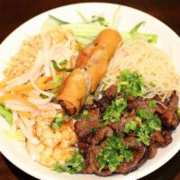 Bun Dac Biet · Bi, gio, tom, thit nuong. Vermicelli with pork skin, spring roll, grilled shrimp and grilled...