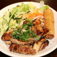 Bun Ga Nuong Cha Gio · Vermicelli with grilled chicken and spring roll.