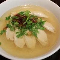 Hu Tieu Ga My · Rice noodle soup with white meat chicken.