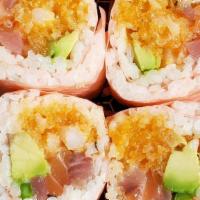Tree Garden Roll · Spicy shrimp, avocado, asparagus, tuna, salmon, yellowtail with soy bean paper.