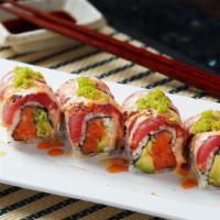 G-Vegas  · Spicy salmon, avocado, cucumber inside topped with sealed black pepper tuna, wasabi tobiko, ...
