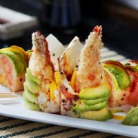 Dancing Lobster Roll · Lobster salad, shrimp tempura, mango inside, topped with avocado, sesame seed, in soy paper