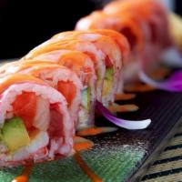 Pink Lady  · Tuna, salmon, yellowtail, shrimp, crabmeat, avocado warped in soy paper, with spicy mayo and...
