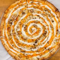 Buffalo Chicken Pizza · Hot. Creamy blue cheese, zesty hot sauce, grilled chicken and cheese.