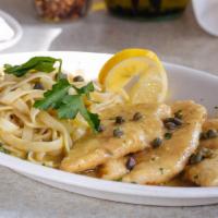 Limone (Small) · Chicken tenders sautéed with fresh lemon, capers, white wine and garlic, served with fettucc...