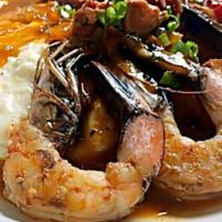 Shrimp & Grits Platter · 5 pieces of vegan shrimp with a side of eggs and home fries
