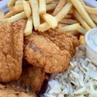 Fish & Chips · Lightly fried haddock, with your choice of plain or cajun seasoned fries and a deli pickle.