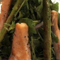 New Insalata Salmone · Grilled wild salmon, arugula, grilled asparagus, chopped tomatoes, balsamic and olive oil.