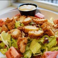 Foghorn Country Chicken Salad · Romaine, crispy chicken, bacon, tomatoes, cheddar with honey mustard dressing.