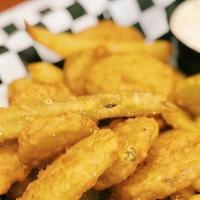 Fried Pickles · 20 pieces of deep-fried battered pickle chips served with remoulade.