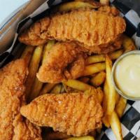 Chicken Chicken Cocopop · 4 seasoned chicken fingers served with honey mustard, Pop fries or tots, coleslaw, and a pic...