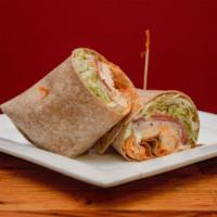 Buffalo Chicken Wrap · Sliced chicken breast , hot sauce, cheddar cheese, heated, ranch dressing, and L-T-O and rol...