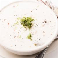 Clam Chowder  · our house recipe with fresh shucked local cherrystone clams and fresh clam juice.