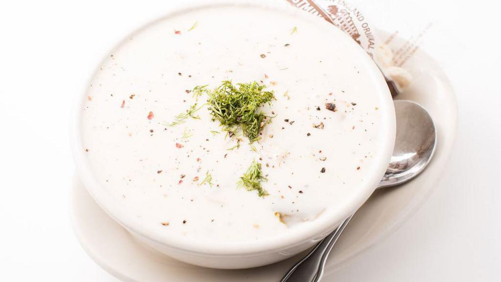 Clam Chowder  · our house recipe with fresh shucked local cherrystone clams and fresh clam juice.