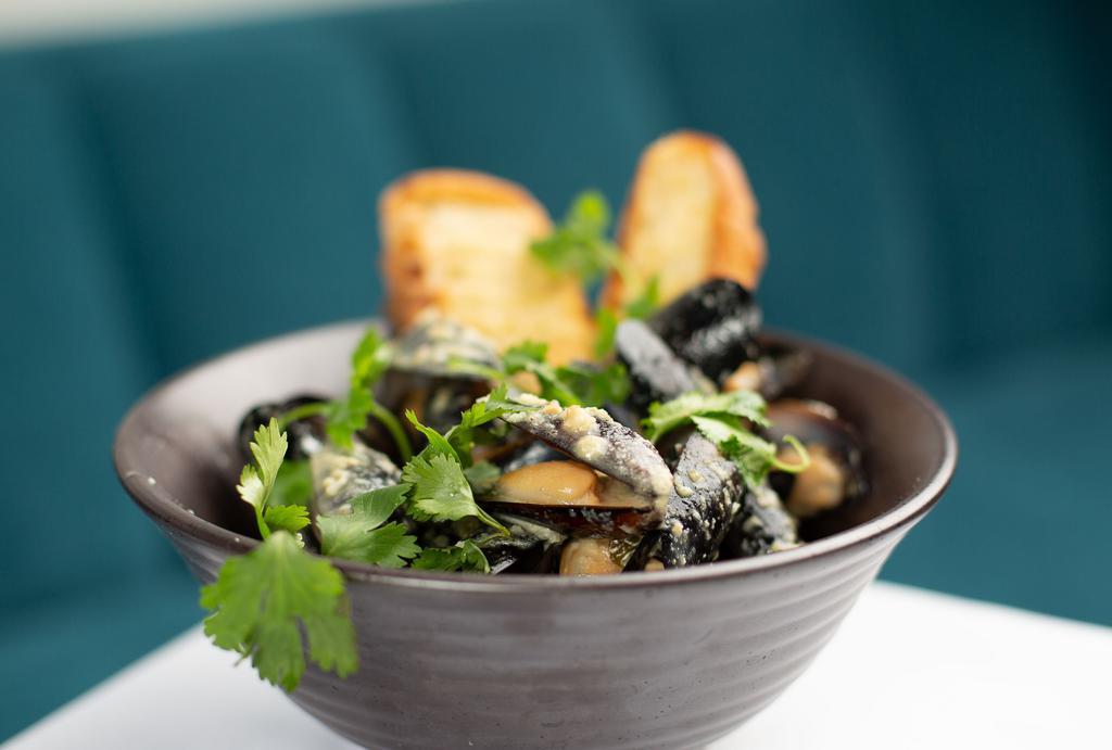 Braised Mussels · coconut curry cilantro broth
