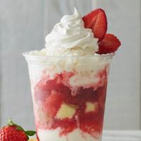 Strawberry Shortcake · Sweet cream ice cream with yellow cake pieces, topped with frozen and fresh strawberries