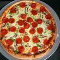 House Special Pizza (Large 16Â€) · Pepperoni, eggplant, roasted peppers, broccoli, mozzarella and Romano cheese.