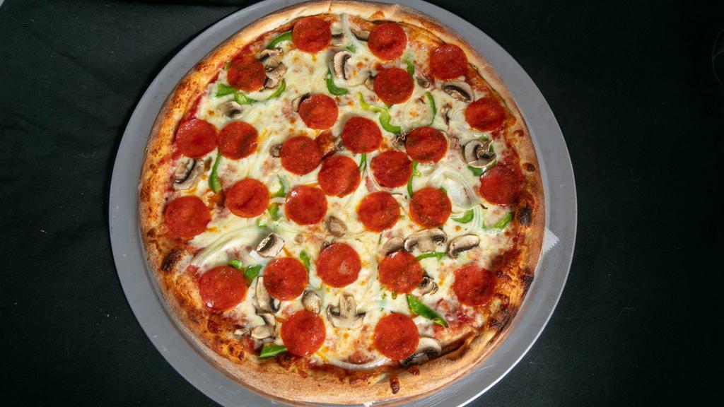 House Special Pizza (Large 16Â€) · Pepperoni, eggplant, roasted peppers, broccoli, mozzarella and Romano cheese.