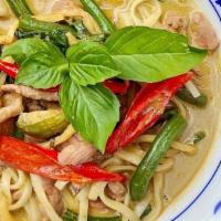Green Curry Noodle Bowl · Thai eggplant, string beans & bamboo shoots in a house made green curry sauce