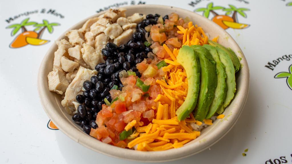 Rooster Bowl  · Grilled chicken, cheddar cheese, mango salsa, rice, black beans, avocado , chipotle sauce