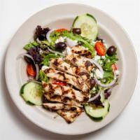 Greek Salad With Grilled Chicken · mixed greens, Kalamata olives, feta cheese, cuke, red onion, cherry tomatoes & marinated gri...
