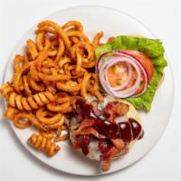Smokehouse Burger · bacon, melted cheddar, BBQ sauce, crispy onions, lettuce, tomato & onion