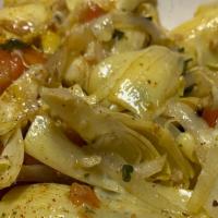 Garlic Artichokes · Artichokes sauteed with tomatoe, scallion & fresh garlic. A true vegetarian appetizer!!