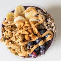 Pb+B · Blend of açai, banana, blueberry, peanut butter, almond milk topped with banana, blueberry, ...