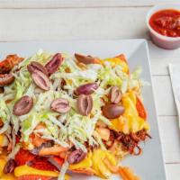 Loaded Nachos · Piled high nachos topped with bbq pulled pork, chopped tomatoes, shredded lettuce, cheese wi...